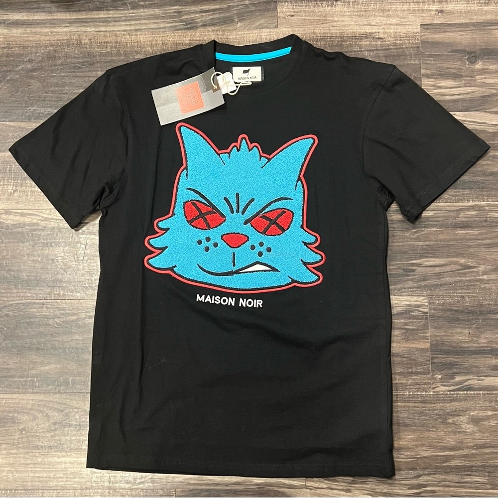 Maison Noir Black T-Shirt with Blue Cat Graphic
